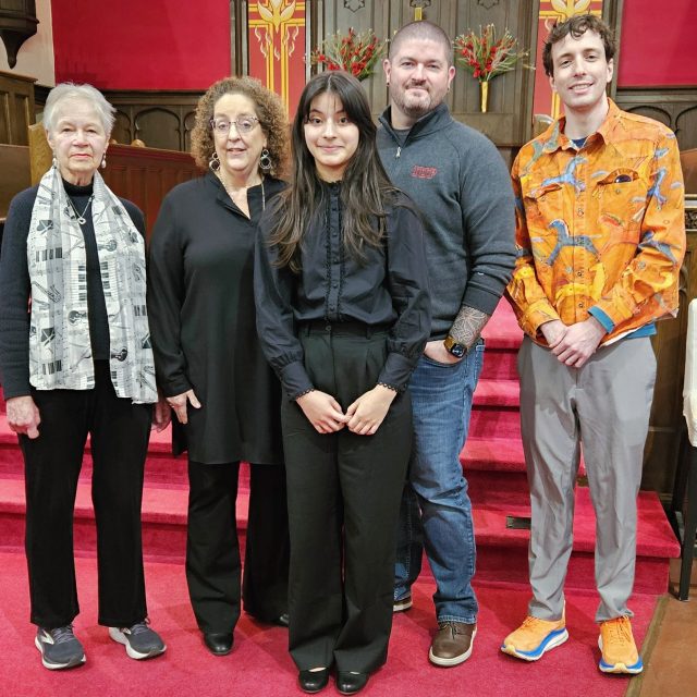 Young Artist winner Keira Cromwell (cello) stands with judges (l to r) Cheryl Miller, Dr. Christine Bergen, Dr. Keith Hanlon, and Dr. Nash Ryder.